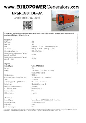 Stromerzeuger, Diesel Europower EPSR180TDE-3A (LS)