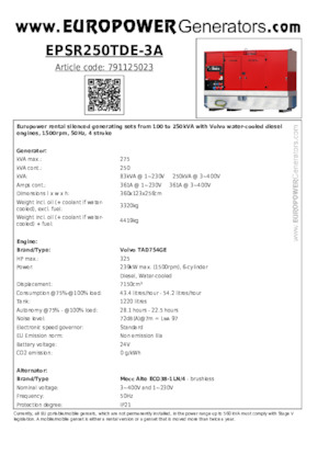 Stromerzeuger, Diesel Europower EPSR250TDE-3A (MA)