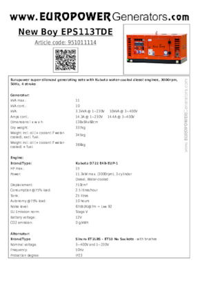 Stromerzeuger, Diesel Europower New Boy EPS113TDE (S)