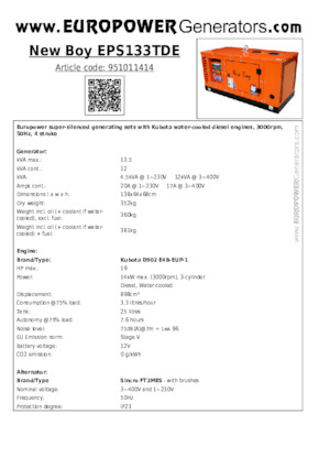 Stromerzeuger, Diesel Europower New Boy EPS133TDE (S)