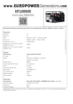 Stromerzeuger, Benzin Europower EP10000E (MA)