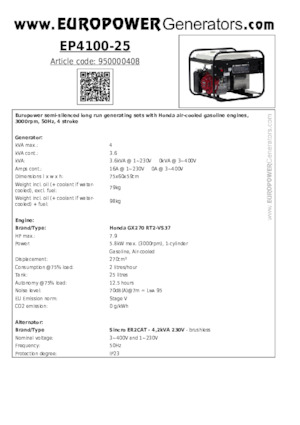 Stromerzeuger, Benzin Europower EP4100-25 (S)