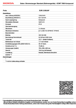 Stromerzeuger, Benzin Honda ECMT 7000