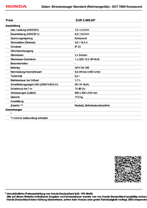 Stromerzeuger, Benzin Honda ECT 7000