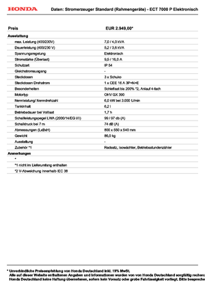 Stromerzeuger, Benzin Honda ECT 7000 P