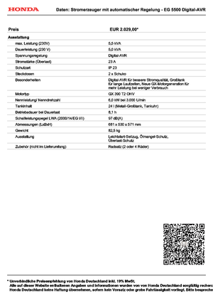 Stromerzeuger, Benzin Honda EG 5500