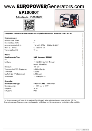 Stromerzeuger, Benzin Europower EP10000T (S)