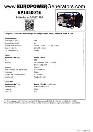 Stromerzeuger, Benzin Europower EP13500TE (S)