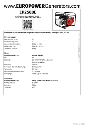 Stromerzeuger, Benzin Europower EP 2500 E (LS)