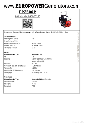 Stromerzeuger, Benzin Europower EP2500P (S)