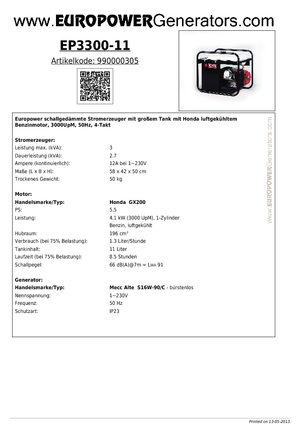 Stromerzeuger, Benzin Europower EP3300-11 (MA)