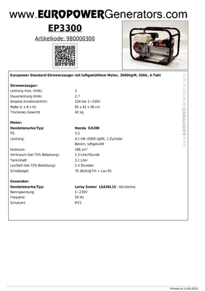 Stromerzeuger, Benzin Europower EP 3300 (LS)