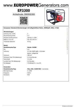Stromerzeuger, Benzin Europower EP 3300 MA