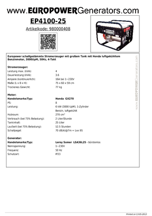 Stromerzeuger, Benzin Europower EP 4100/25 (LS)