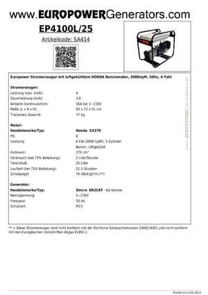 Stromerzeuger, Benzin Europower EP 4100 L