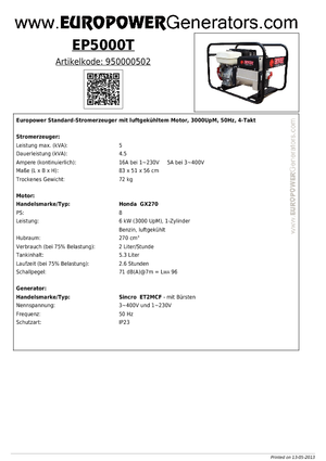 Stromerzeuger, Benzin Europower EP5000T (S)