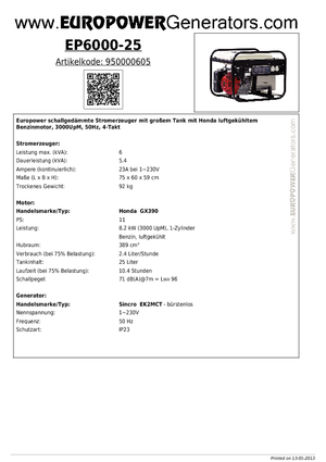 Stromerzeuger, Benzin Europower EP6000-25 (S)