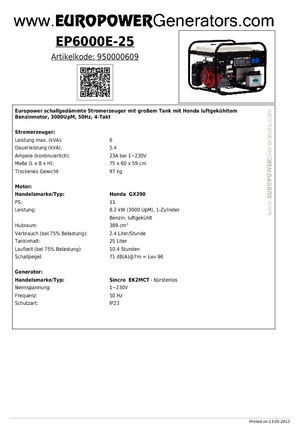 Stromerzeuger, Benzin Europower EP6000E-25 (S)