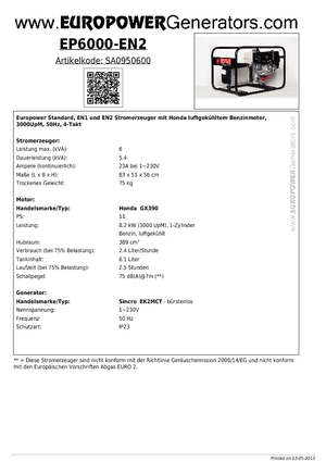 Stromerzeuger, Benzin Europower EP 6000 EN2 (S)