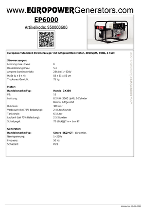 Stromerzeuger, Benzin Europower EP6000 (S)