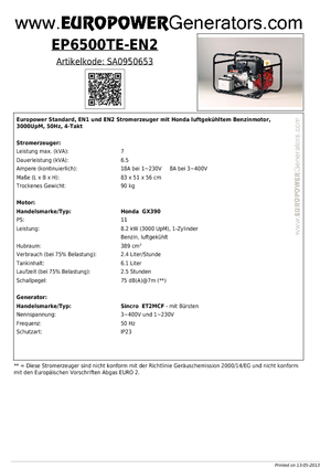Stromerzeuger, Benzin Europower EP6500TE-EN2 (S)
