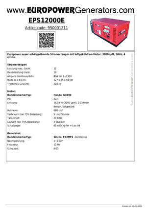 Stromerzeuger, Benzin Europower EPS12000E (S)