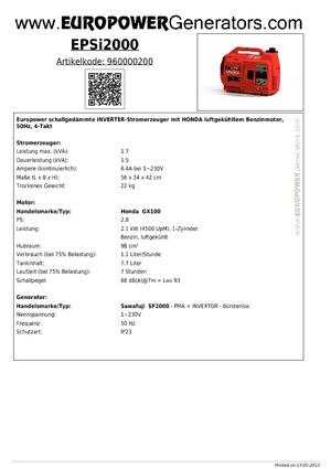 Stromerzeuger, Benzin Europower EPSi2000 (Sa)