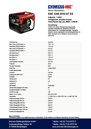 Stromerzeuger, Benzin Endress ESE 1206 DHS-GT ES