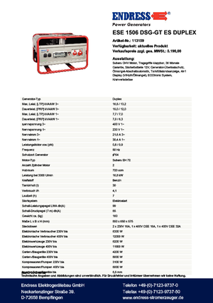 Stromerzeuger, Benzin Endress ESE 1506 DSG-GT ES Duplex