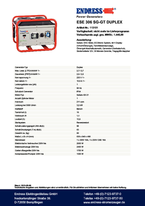 Stromerzeuger, Benzin Endress ESE 306 SG-GT Duplex