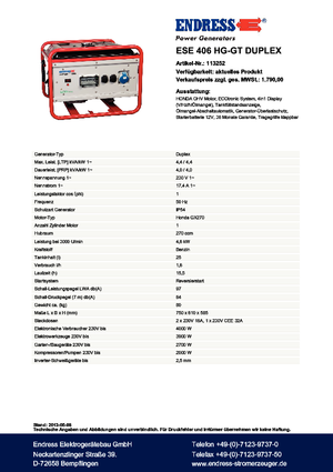 Stromerzeuger, Benzin Endress ESE 406 HG-GT Duplex
