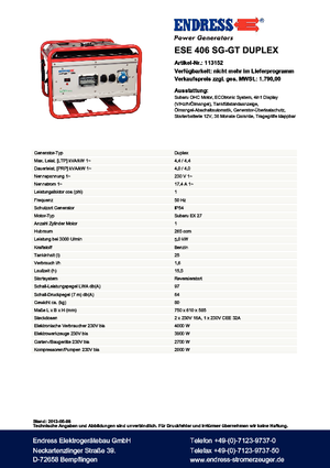 Stromerzeuger, Benzin Endress ESE 406 SG-GT Duplex