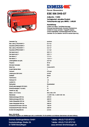 Stromerzeuger, Benzin Endress ESE 506 DHS-GT