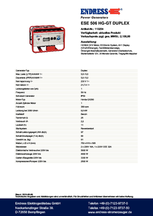Stromerzeuger, Benzin Endress ESE 506 HG-GT Duplex