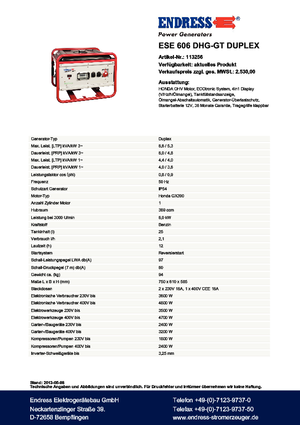 Stromerzeuger, Benzin Endress ESE 606 DHG-GT Duplex