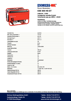 Stromerzeuger, Benzin Endress ESE 606 HS-GT