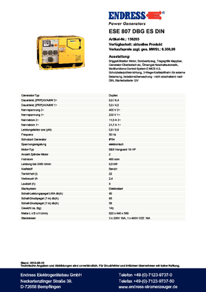 Stromerzeuger, Benzin Endress ESE 807 DBG ES DIN