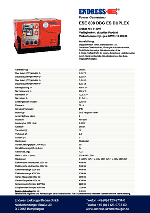 Stromerzeuger, Benzin Endress ESE 808 DBG ES Duplex Silent