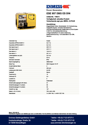 Stromerzeuger, Benzin Endress ESE 957 DBG ES DIN