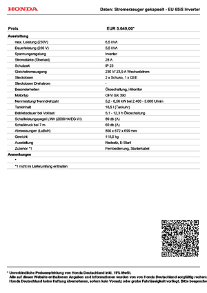 Stromerzeuger, Benzin Honda EU 65 iS