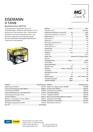 Stromerzeuger, Benzin Eisemann H 5400  E
