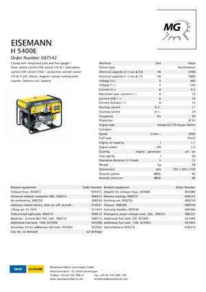Stromerzeuger, Benzin Eisemann H 5400  E