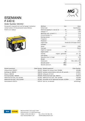 Stromerzeuger, Benzin Eisemann P 4401 E