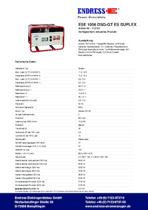 Stromerzeuger, Benzin Endress ESE 1006 DSG-GT ES Duplex