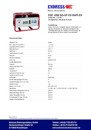 Stromerzeuger, Benzin Endress ESE 1006 SG-GT ES Duplex