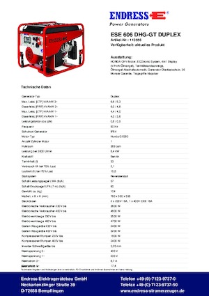 Stromerzeuger, Benzin Endress ESE 606 DHG-GT Duplex