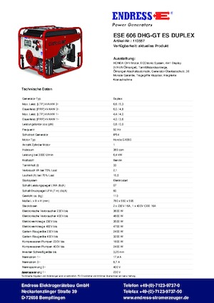 Stromerzeuger, Benzin Endress ESE 606 DHG-GT ES Duplex