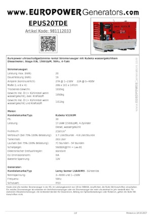 Stromerzeuger, Diesel Europower EPUS20TDE (LS)