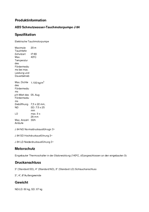 Abwasser-Schlammpumpen ABS-Pumpen J 84 LD direkt